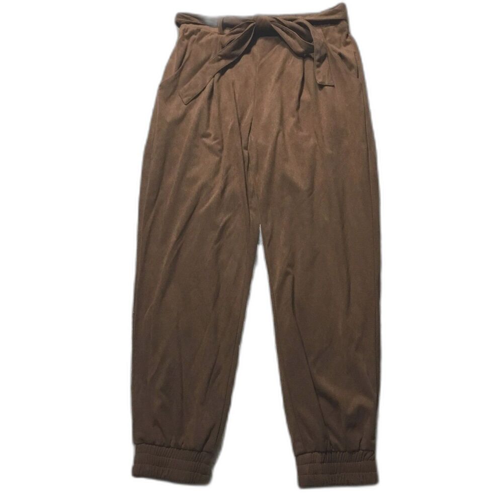 Brown faux suede pants with attached belt elastic ankle and waist 29"-33" M